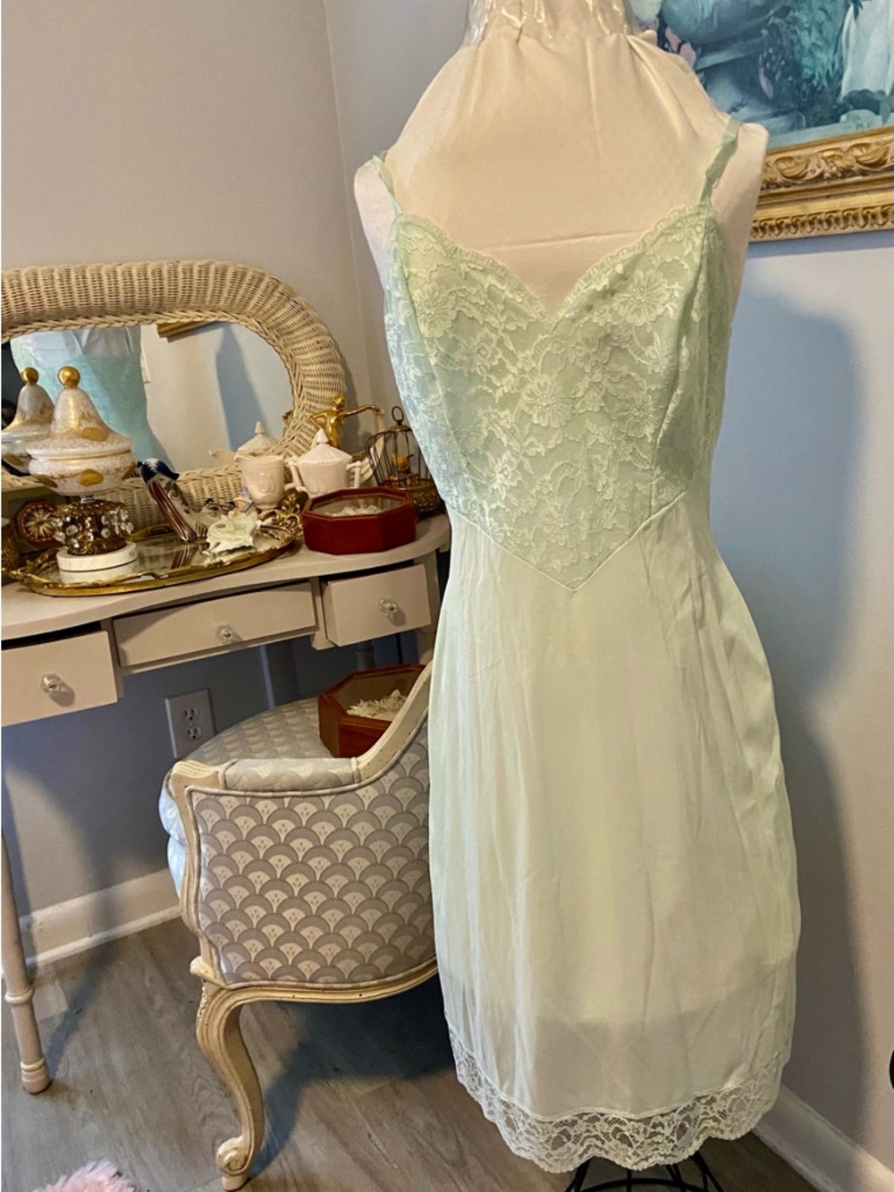 Vintage Vanity Fair Seafoam Green Nylon Slip Dress With Lace Trim